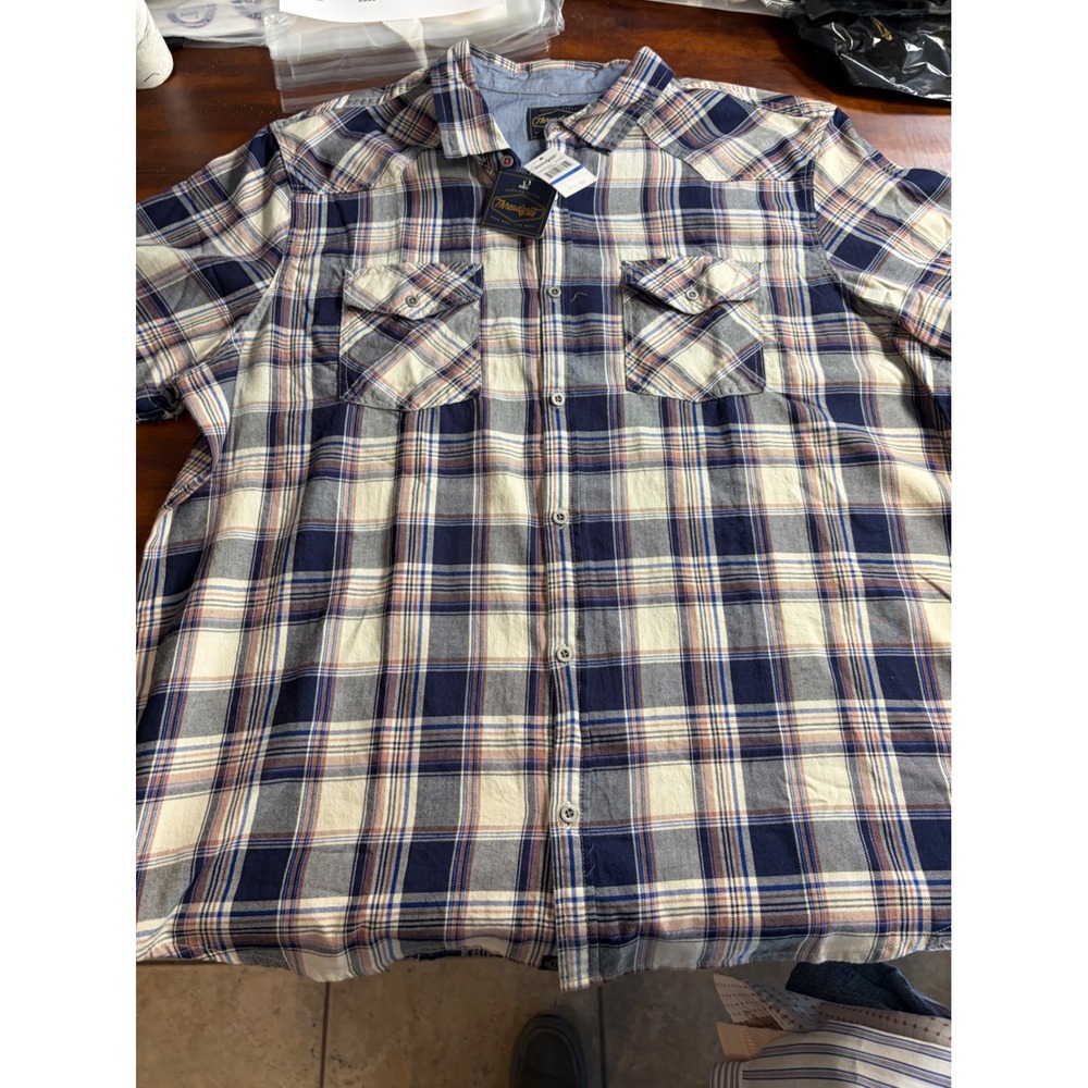 Threadgrit Mens XL Short Sleeve Plaid Button Down Shirt Navy Cream TGSP26WS323